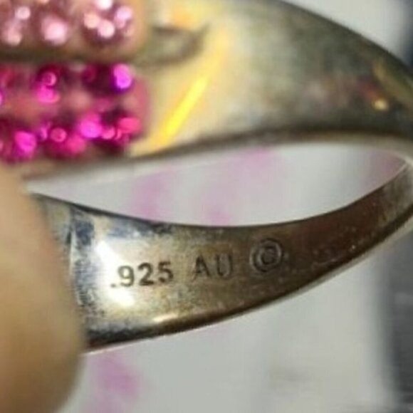 Vintage Gold Plated Sterling Silver & Crystal Cocktail Ring-Pink Stones/Silver - Picture 5 of 11